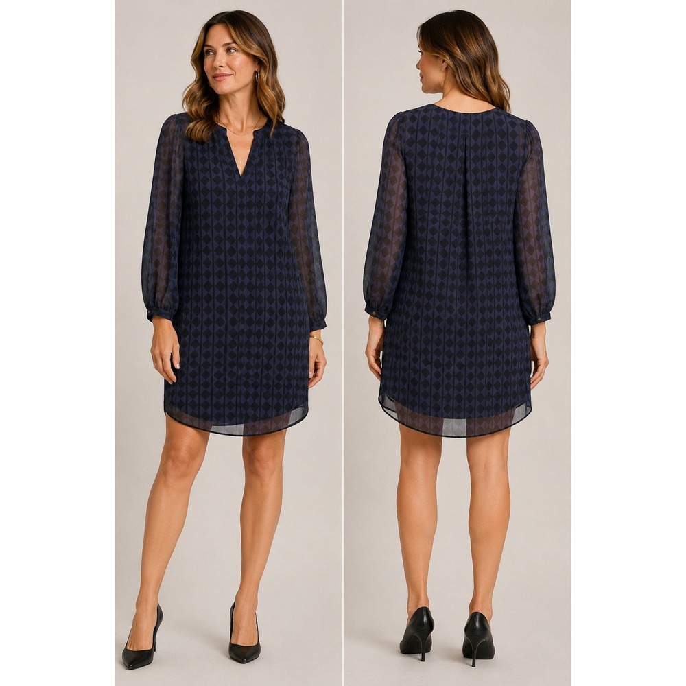 Cabi Shift Dress Women XS Navy Black Harlequin Sheer Sleeve Career Mini Classic